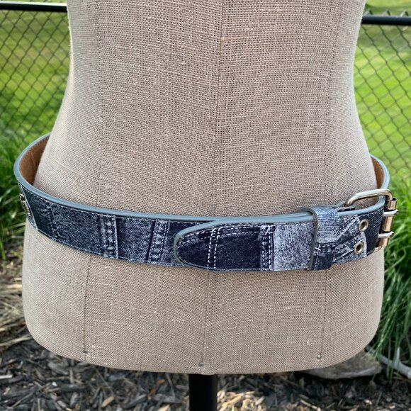 Vintage Y2K Denim Embossed Leather Silver Eagles Belt New - Picture 4 of 14
